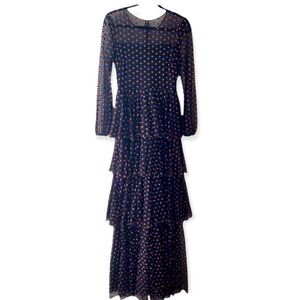 Zac Posen Black Chiffon Tiered Polka Dot Gown